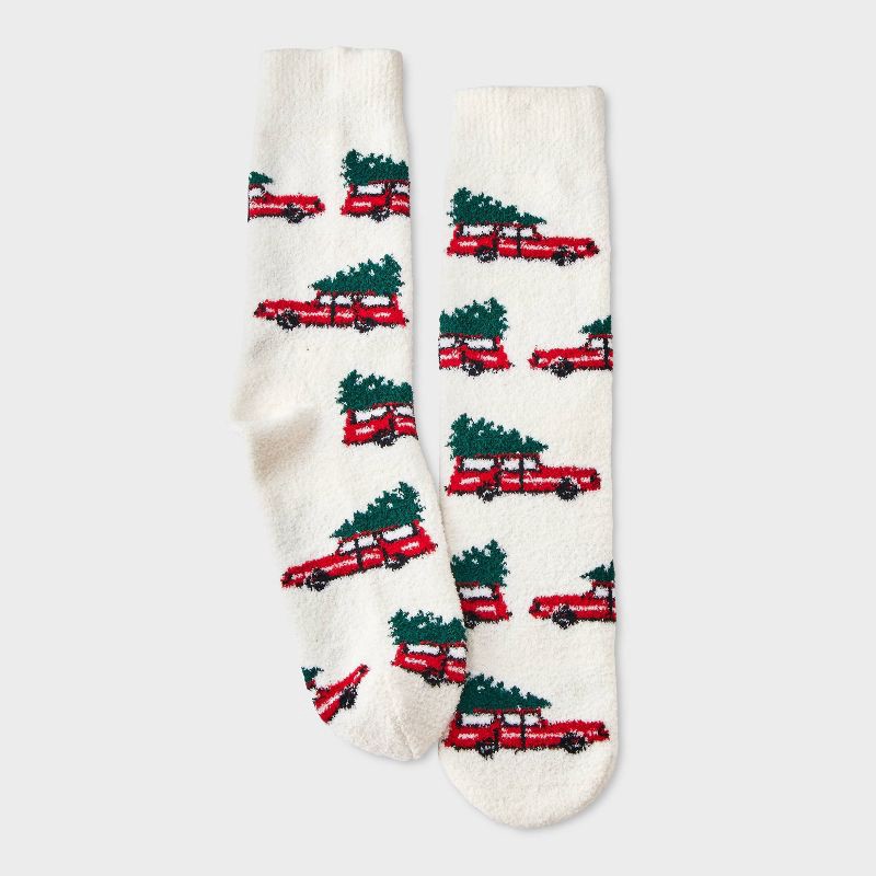 slide 2 of 3, Men's Red Truck with Tree Cozy Crew Socks - Wondershop™ White 6-12, 1 ct
