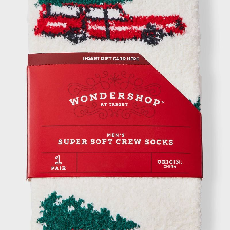 slide 3 of 3, Men's Red Truck with Tree Cozy Crew Socks - Wondershop™ White 6-12, 1 ct