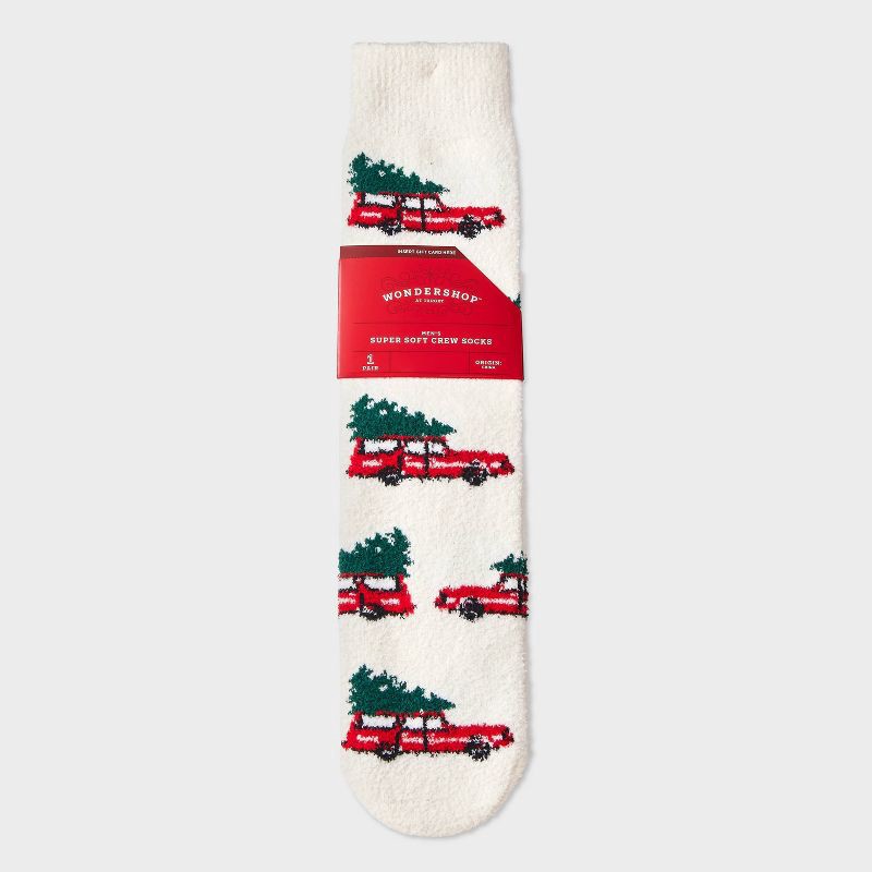 slide 1 of 3, Men's Red Truck with Tree Cozy Crew Socks - Wondershop™ White 6-12, 1 ct