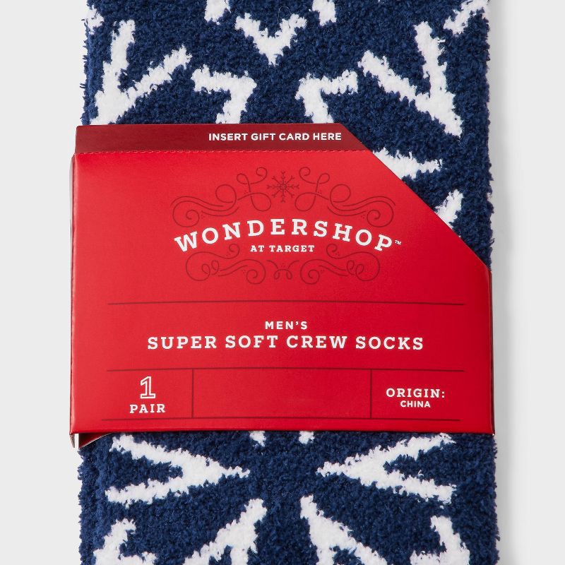 slide 3 of 3, Men's Snowflakes Cozy Crew Socks - Wondershop™ Navy Blue 6-12, 1 ct