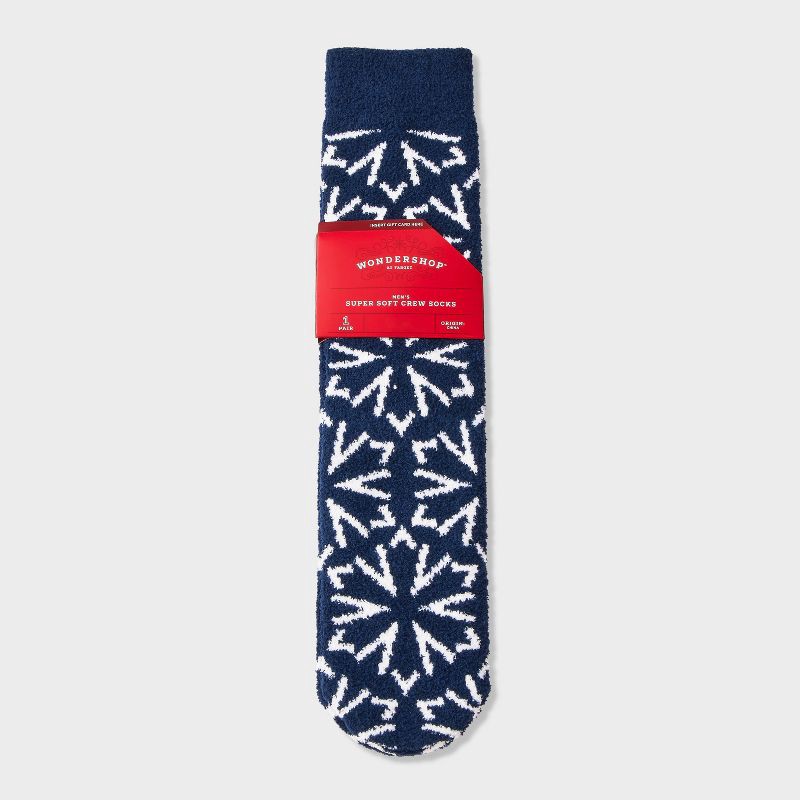 slide 1 of 3, Men's Snowflakes Cozy Crew Socks - Wondershop™ Navy Blue 6-12, 1 ct