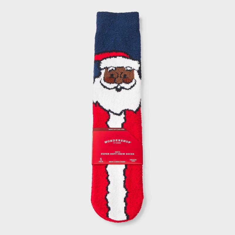 slide 1 of 3, Men's Vintage Santa Cozy Crew Socks - Wondershop™ Navy/Brown 6-12, 1 ct
