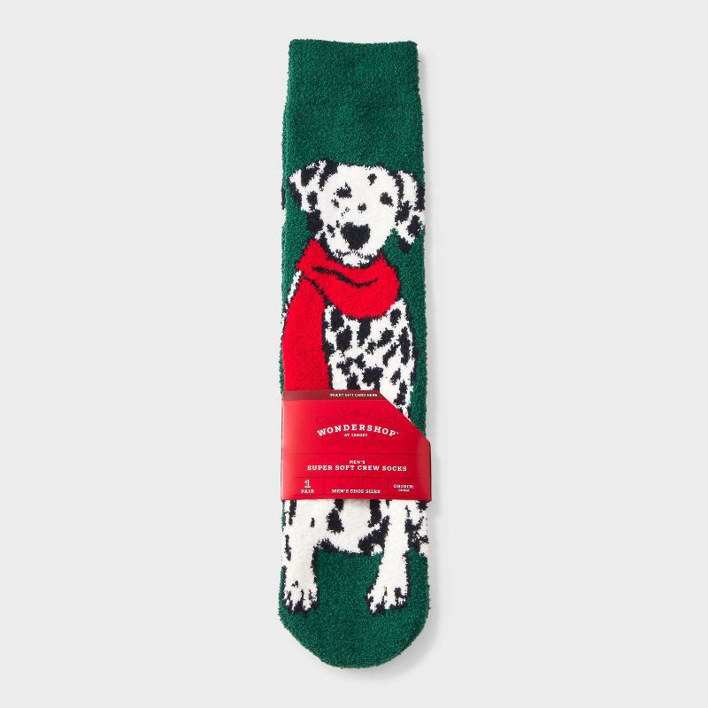 slide 1 of 4, Men's Dalmation Cozy Crew Socks - Wondershop™ Green 6-12, 1 ct