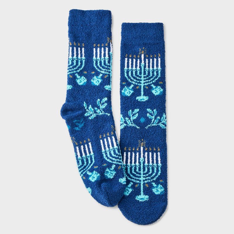 slide 2 of 3, Men's Hanukkah Menorah Cozy Crew Socks - Wondershop™ Blue 6-12, 1 ct