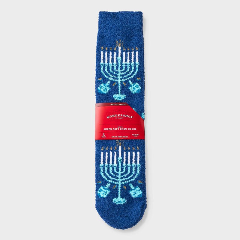slide 1 of 3, Men's Hanukkah Menorah Cozy Crew Socks - Wondershop™ Blue 6-12, 1 ct