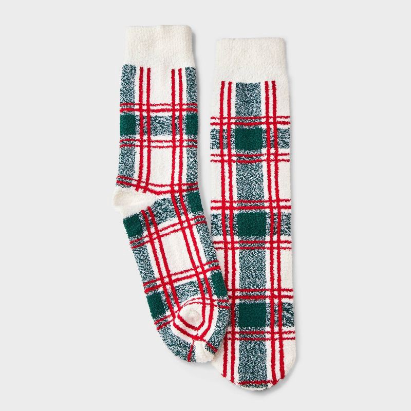 slide 2 of 3, Men's Plaid Cozy Crew Socks - Wondershop™ White/Green/Red 6-12, 1 ct