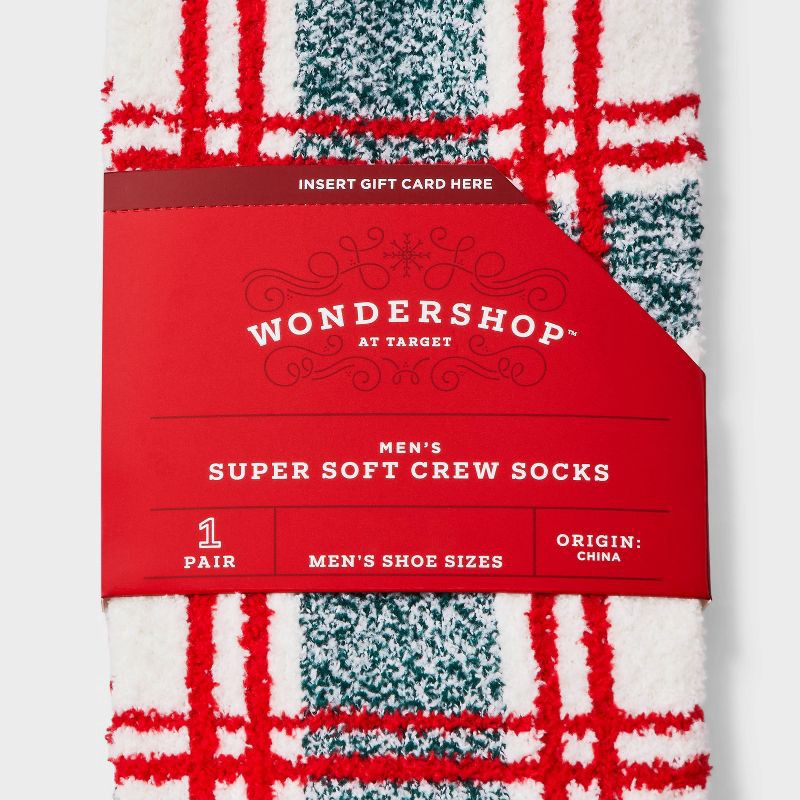 slide 3 of 3, Men's Plaid Cozy Crew Socks - Wondershop™ White/Green/Red 6-12, 1 ct