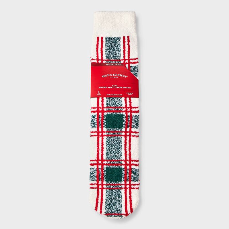 slide 1 of 3, Men's Plaid Cozy Crew Socks - Wondershop™ White/Green/Red 6-12, 1 ct