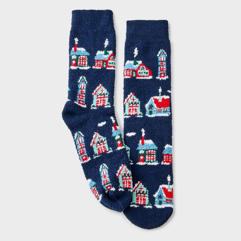 slide 2 of 3, Men's Winter Village Cozy Crew Socks - Wondershop™ Navy Blue/Red 6-12, 1 ct