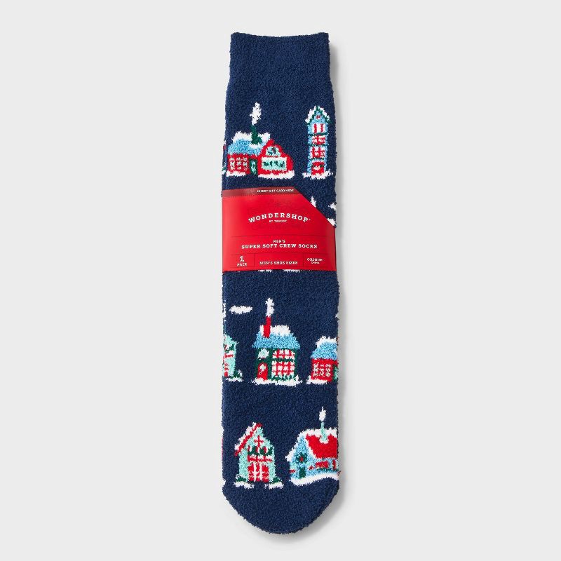 slide 1 of 3, Men's Winter Village Cozy Crew Socks - Wondershop™ Navy Blue/Red 6-12, 1 ct