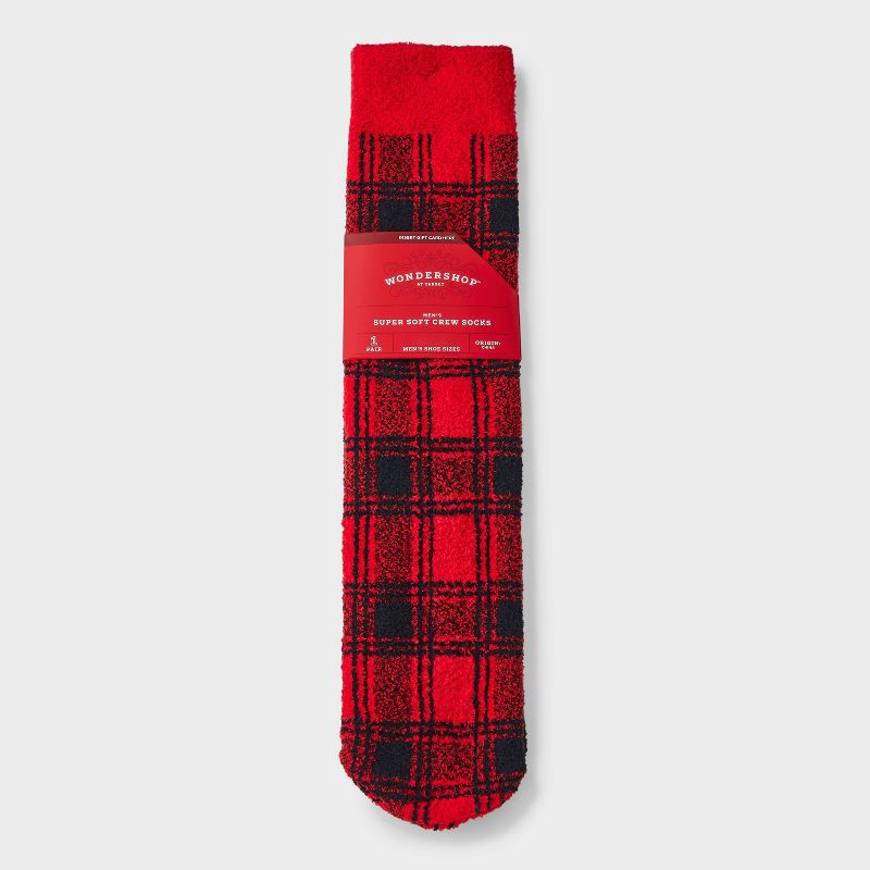 slide 1 of 3, Men's Buffalo Plaid Cozy Crew Socks - Wondershop™ Red 6-12, 1 ct