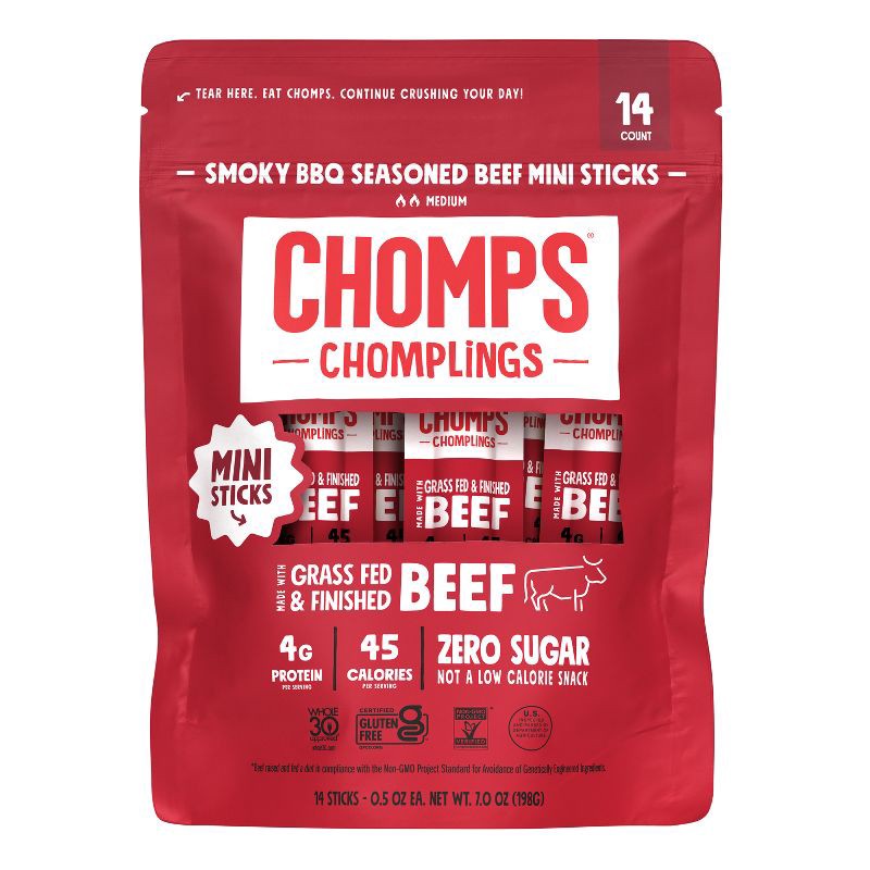 slide 1 of 7, Chomps Snack Sticks Smoky BBQ Seasoned Beef Mini Sticks - 7oz/14ct, 7 oz, 14 ct