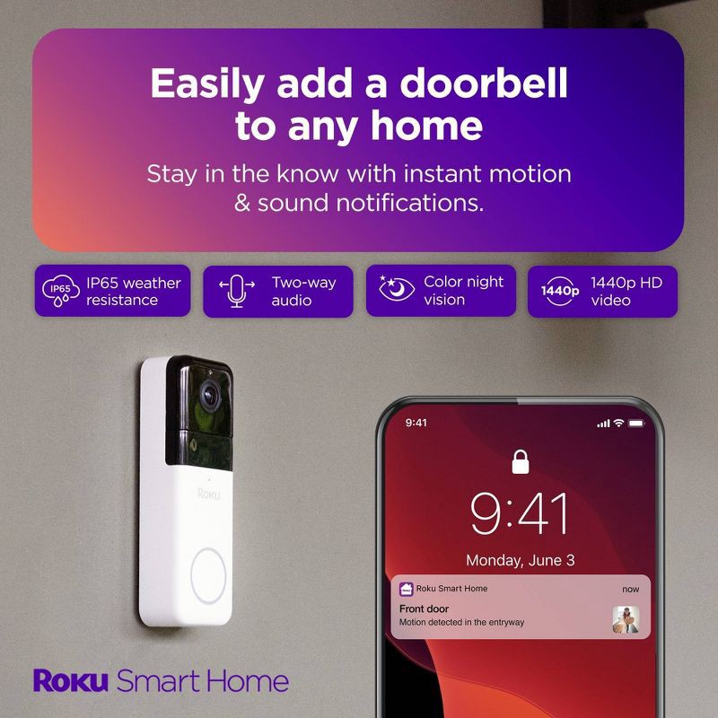 slide 2 of 6, Roku Wire-free Video Doorbell & Chime with Motion & Sound Detection, Remote Monitoring, 1440p HD Night Vision, 1 ct