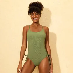 Women's Ribbed Adjustable Drawstring Medium Coverage One Piece Swimsuit - Shade & Shore™ Green M