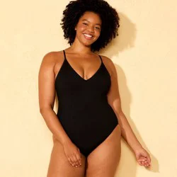 Women's Ribbed Plunge Neck Cheeky Coverage One Piece Swimsuit - Shade & Shore™ Black M