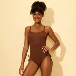 Women's Ribbed Adjustable Drawstring Medium Coverage One Piece Swimsuit - Shade & Shore™ Brown XL