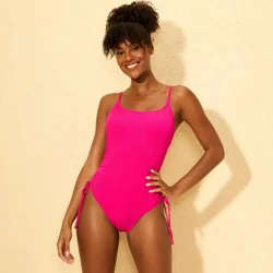 Women's Ribbed Adjustable Drawstring Medium Coverage One Piece Swimsuit - Shade & Shore™ Pink M