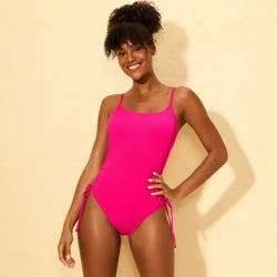Women's Ribbed Adjustable Drawstring Medium Coverage One Piece Swimsuit - Shade & Shore™ Pink M