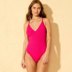 Women's Ribbed Plunge Neck Cheeky Coverage One Piece Swimsuit - Shade & Shore™ Pink XL