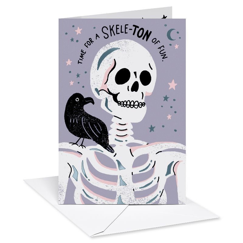 slide 1 of 3, American Greetings Halloween Card for Everyone Skeleton and Crow, 1 ct