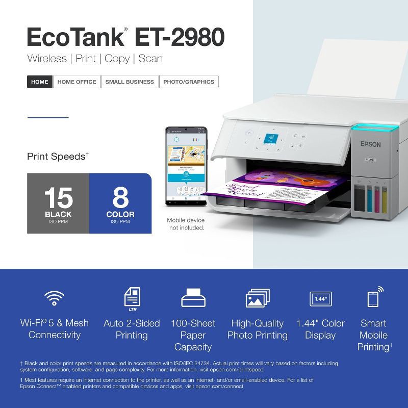 slide 5 of 7, Epson EcoTank ET-2980 Wireless All-in-One Color Supertank Printer - White: Automatic 2-Sided Printing, Borderless Photos, Print From Mobile Device, 1 ct