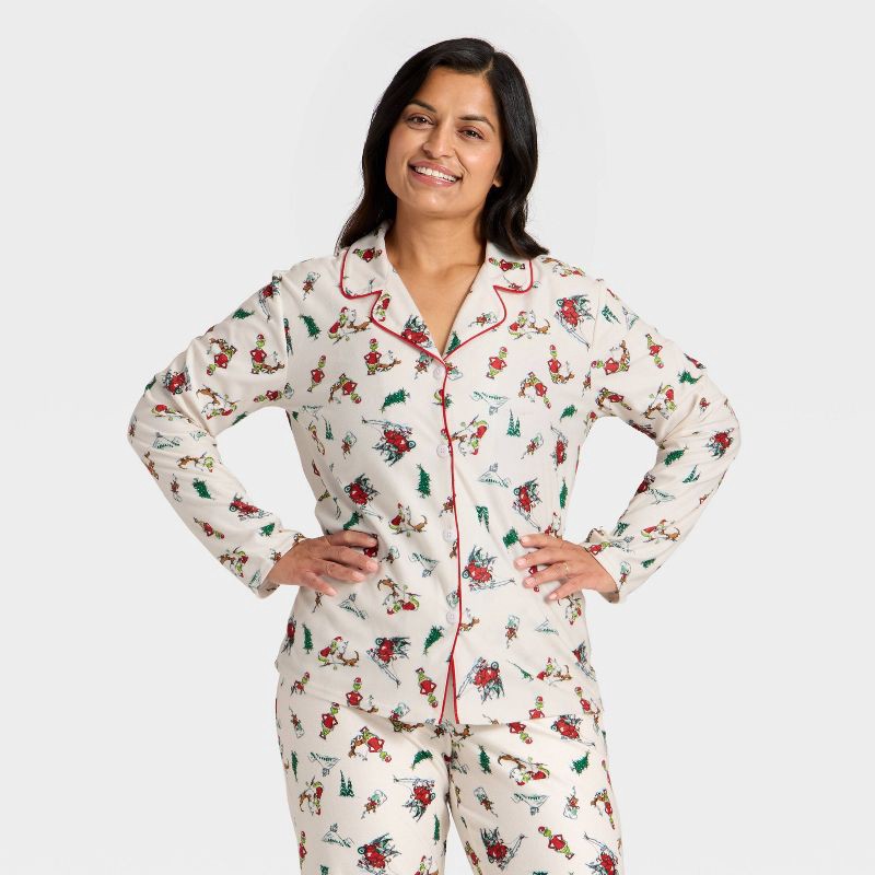 slide 3 of 4, Women's The Grinch Print Long Sleeve Shirt and Pants Holiday Matching Family Pajama Set - Cream XS, 1 ct