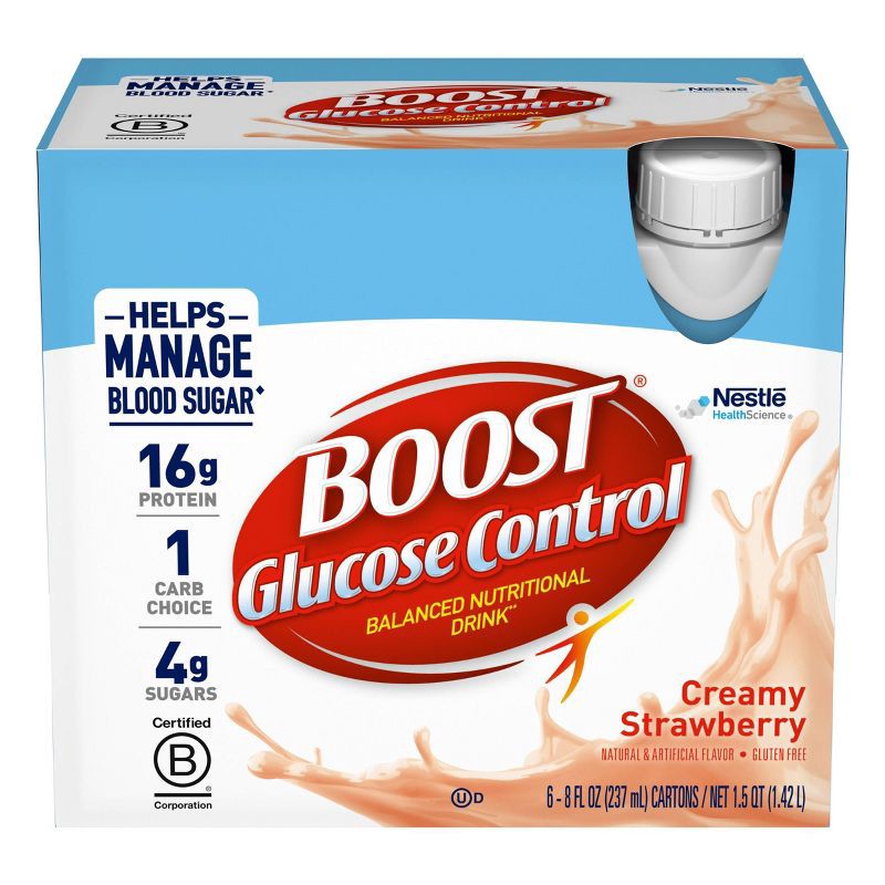 slide 1 of 7, Boost Creamy Strawberry Non-Caffeinated Glucose Control Meal Replacement Drinks - 6pk/48 fl oz, 6 ct, 48 fl oz
