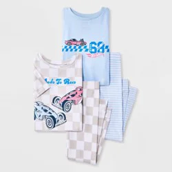 Toddler Girls' 4pc Hot Wheels Cotton Pajama Set - Blue/Tan 5T
