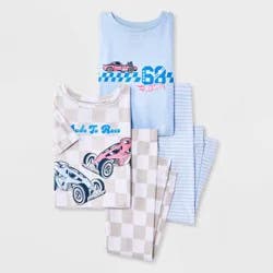 Toddler Girls' 4pc Hot Wheels Cotton Pajama Set - Blue/Tan 5T