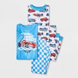 Toddler Boys' 4pc Hot Wheels Cotton Pajama Set - Blue/White 4T