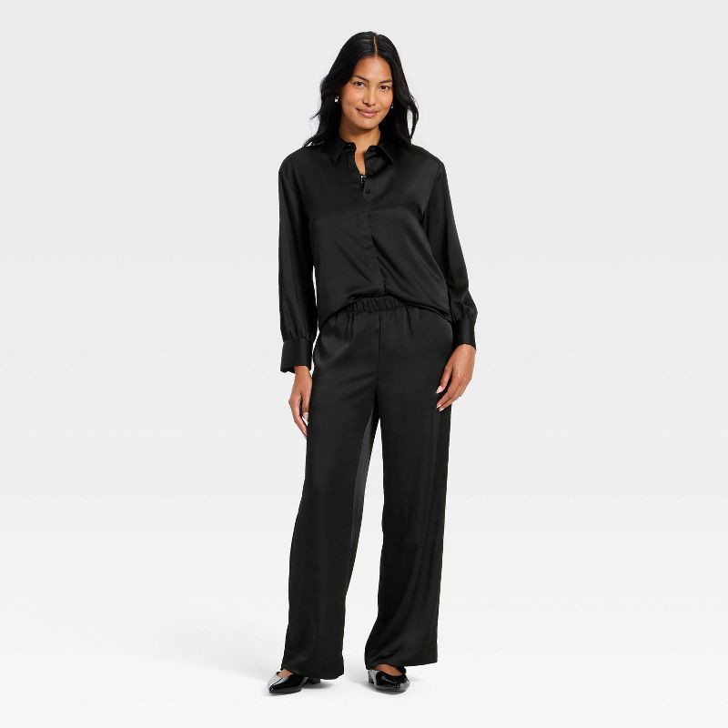 slide 3 of 3, Women's Long Sleeve Satin Top - A New Day™ Black S, 1 ct
