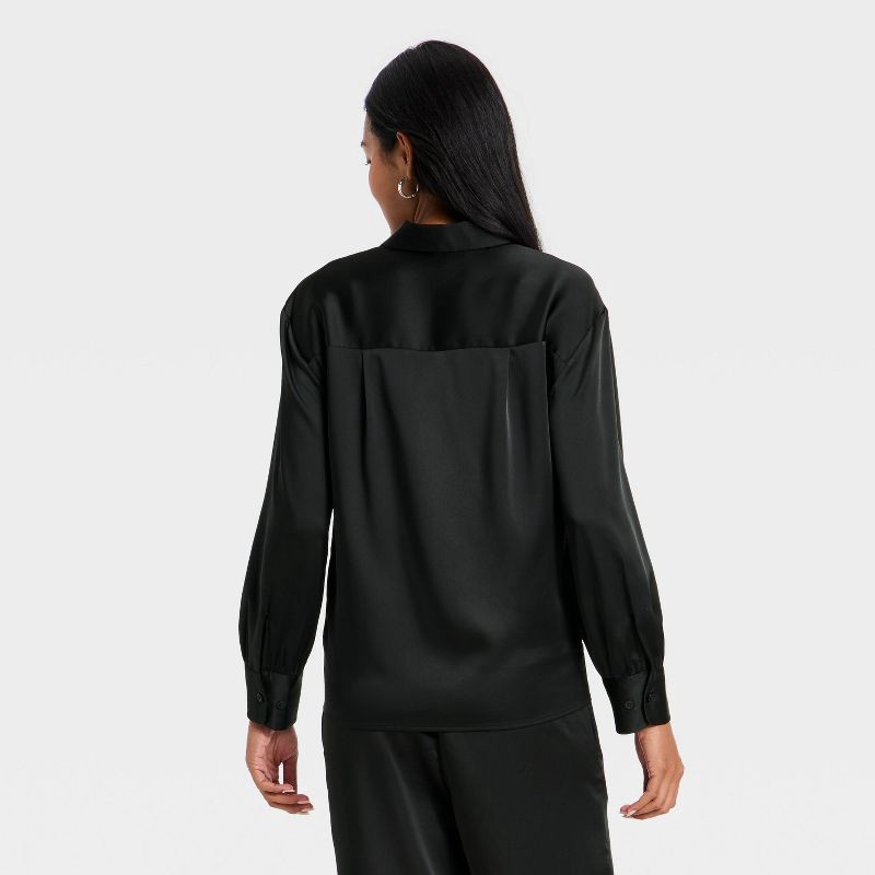 slide 3 of 3, Women's Long Sleeve Satin Top - A New Day™ Black XL, 1 ct