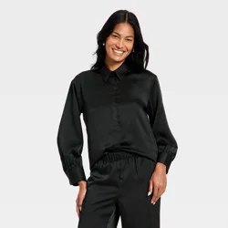 Women's Long Sleeve Satin Top - A New Day™ Black XL
