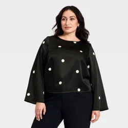 Women's Long Sleeve Satin Blouse - A New Day™ Black/Cream Polka Dots XXL