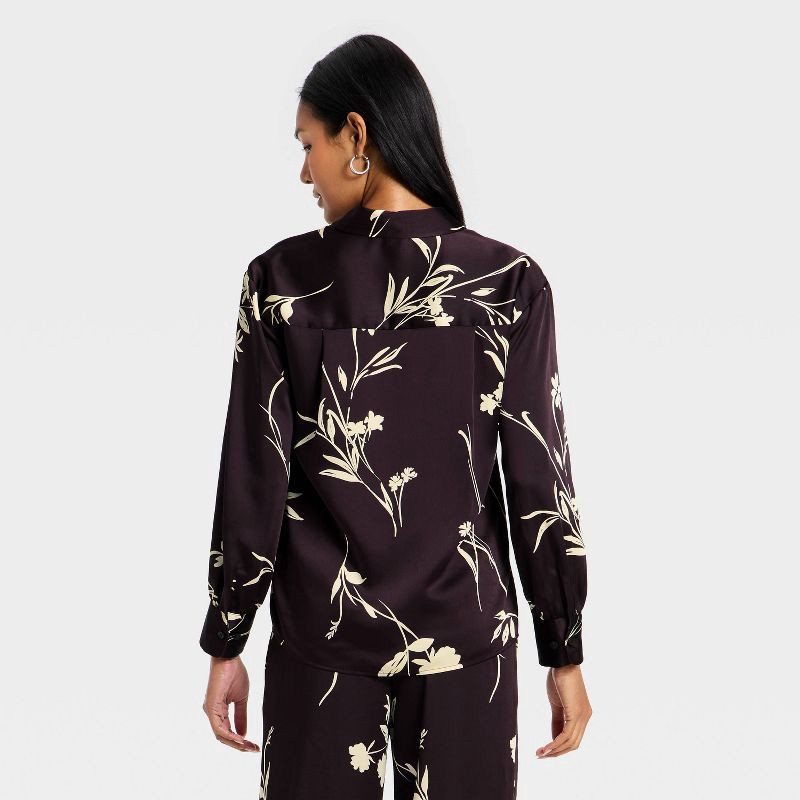 slide 2 of 3, Women's Long Sleeve Satin Top - A New Day™ Brown Floral S, 1 ct