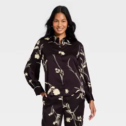 Women's Long Sleeve Satin Top - A New Day™ Brown Floral M