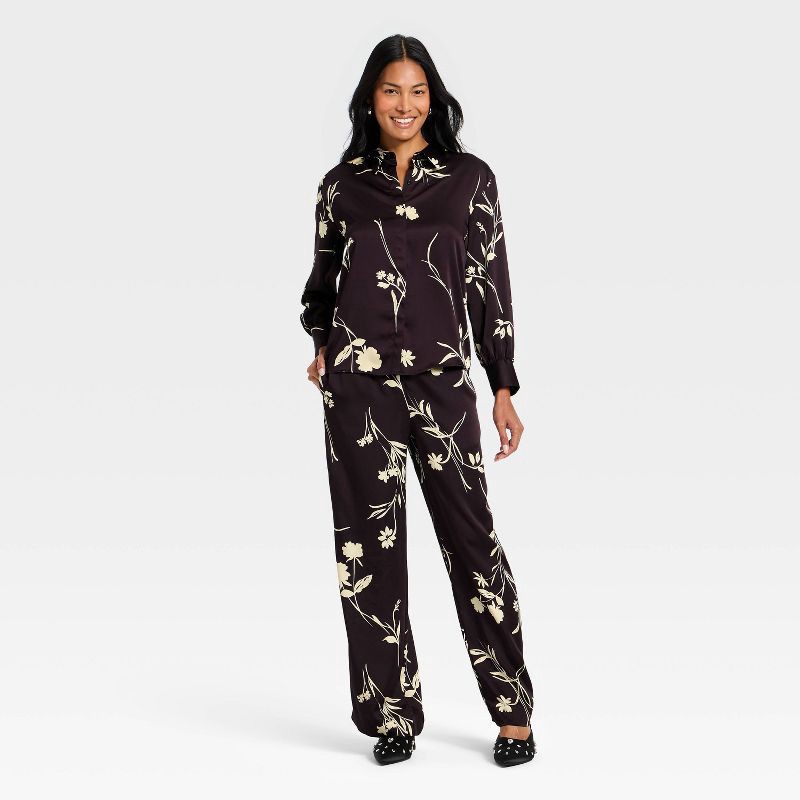 slide 2 of 3, Women's Long Sleeve Satin Top - A New Day™ Brown Floral L, 1 ct
