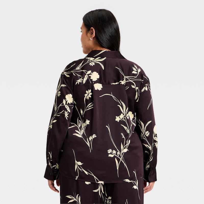 slide 3 of 3, Women's Long Sleeve Satin Top - A New Day™ Brown Floral XXL, 1 ct