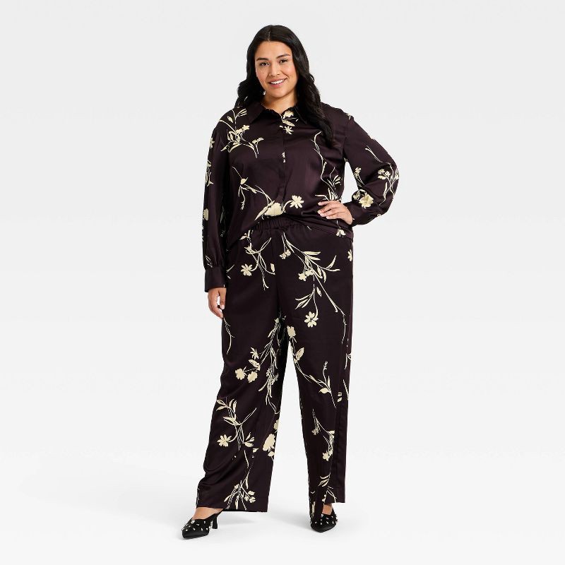 slide 2 of 3, Women's Long Sleeve Satin Top - A New Day™ Brown Floral XXL, 1 ct