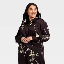 Women's Long Sleeve Satin Top - A New Day™ Brown Floral XXL