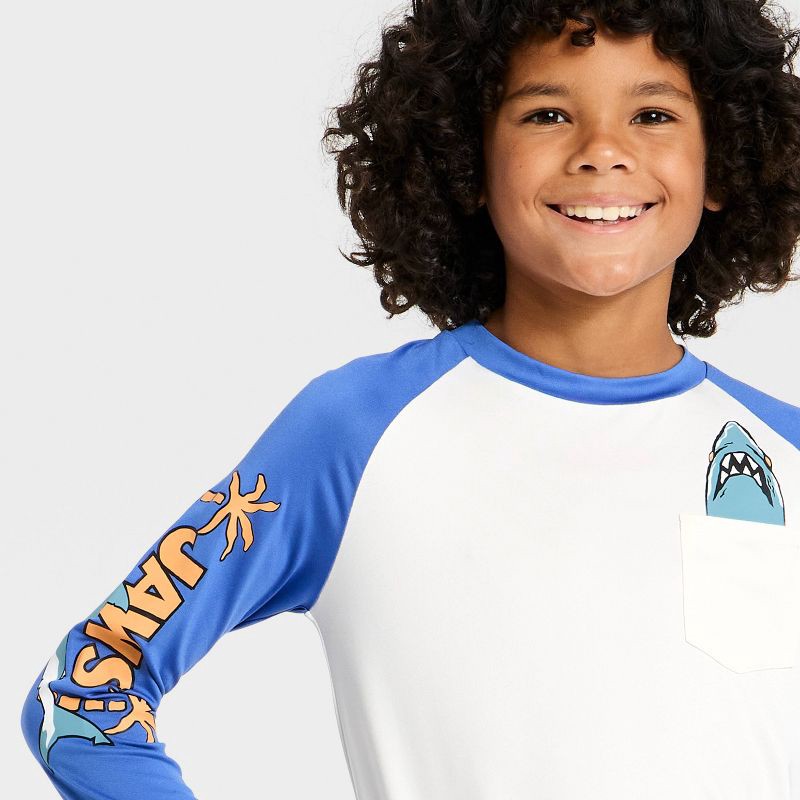 slide 2 of 4, Boys' Jaws Rash Guard Top - Sky Blue/Ivory XS, 1 ct