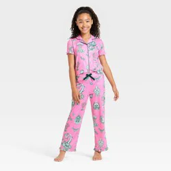 Girls' Wicked x Katie Kime 2pc Short Sleeve Button-Down Shirt and Pants Pajama Set - Pink S