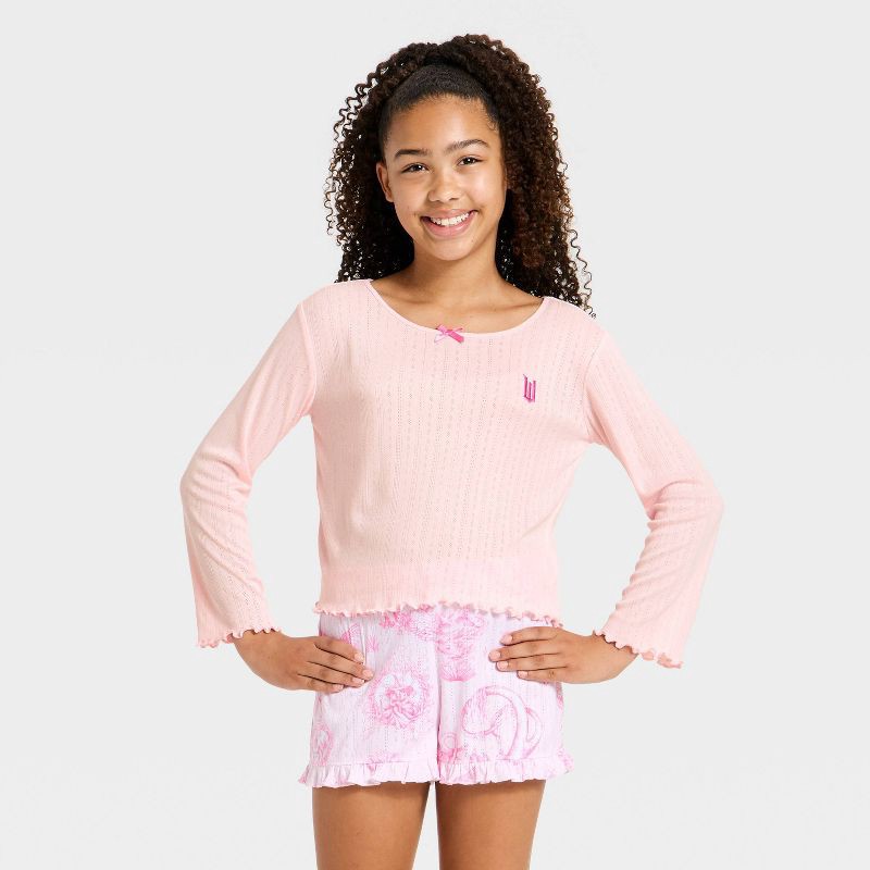 slide 3 of 4, Girls' Wicked x Katie Kime 2pc Long Sleeve Top and Pointelle Pajama Set - Pink L, 2 ct