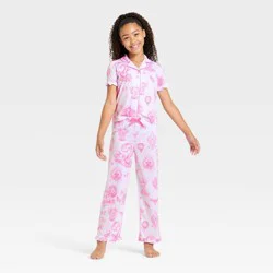 Girls' Wicked x Katie Kime 2pc Short Sleeve Button-Down Shirt and Pants Pajama Set - White M