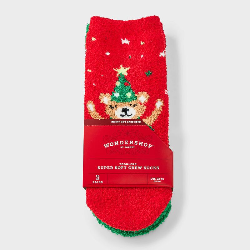 slide 1 of 3, Toddler 2pk Cozy Christmas Tree Bear Socks - Wondershop™ Red 2T-3T, 2 ct