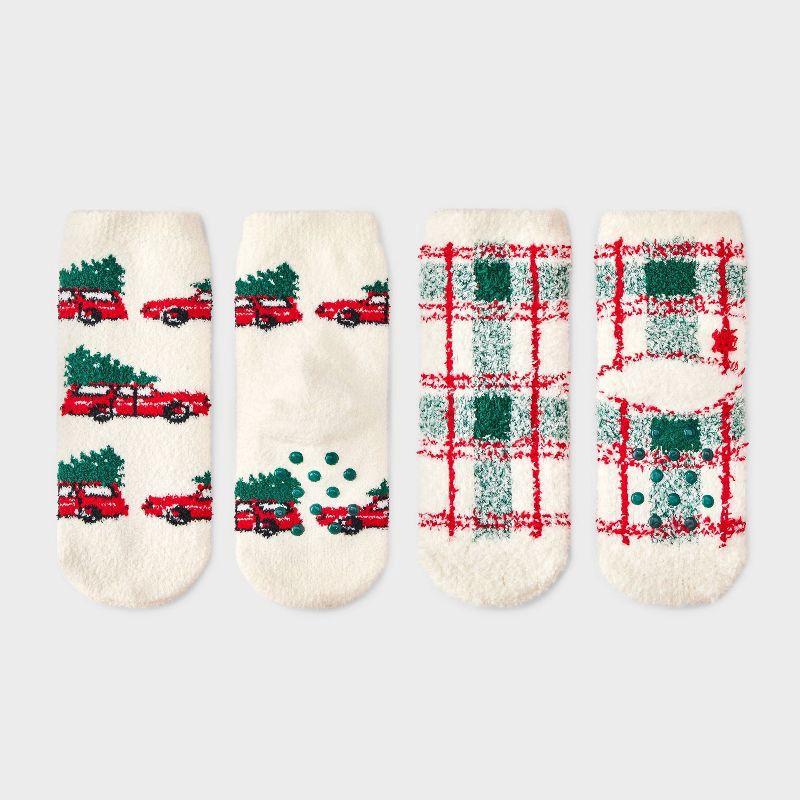 slide 2 of 3, Toddler 2pk Cozy Christmas Car Tree & Checkered Crew Socks with Gift Card Holder - Wondershop™ Cream 2T-3T, 2 ct