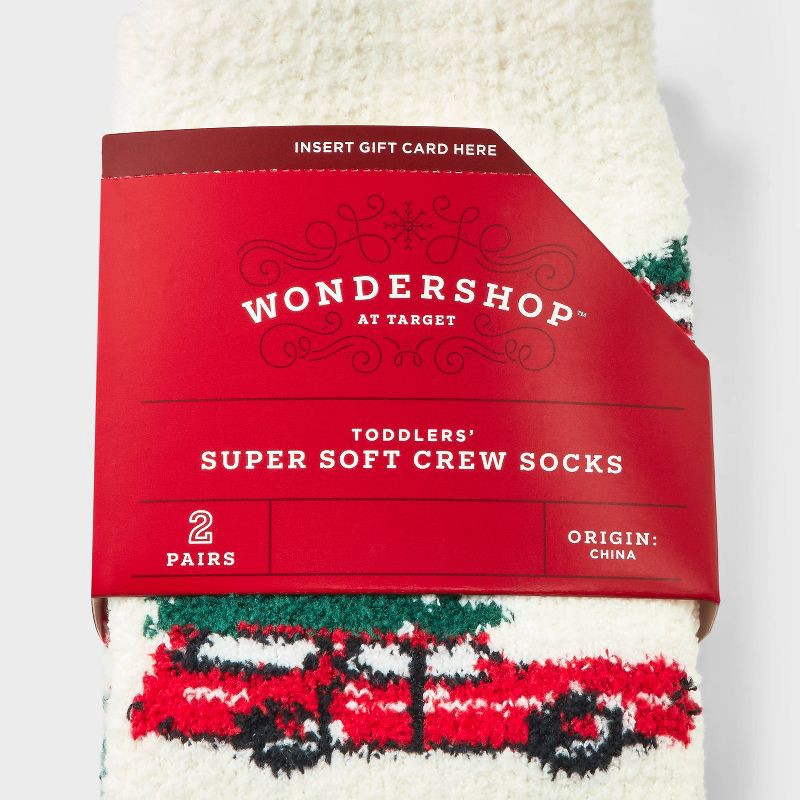 slide 3 of 3, Toddler 2pk Cozy Christmas Car Tree & Checkered Crew Socks with Gift Card Holder - Wondershop™ Cream 2T-3T, 2 ct