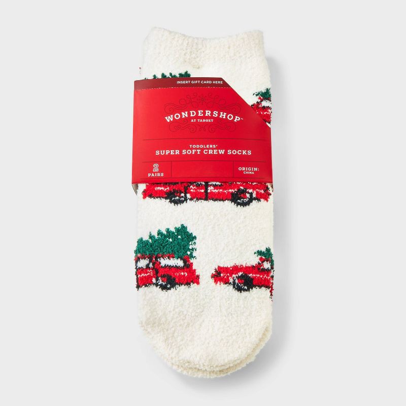 slide 1 of 3, Toddler 2pk Cozy Christmas Car Tree & Checkered Crew Socks with Gift Card Holder - Wondershop™ Cream 2T-3T, 2 ct