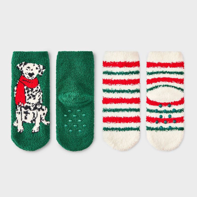 slide 2 of 4, Toddler 2pk Cozy Christmas Dalmatian & Striped Crew Socks with Gift Card Holder - Wondershop™ Dark Green/Red 2T-3T, 2 ct