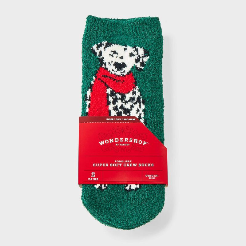 slide 1 of 4, Toddler 2pk Cozy Christmas Dalmatian & Striped Crew Socks with Gift Card Holder - Wondershop™ Dark Green/Red 2T-3T, 2 ct